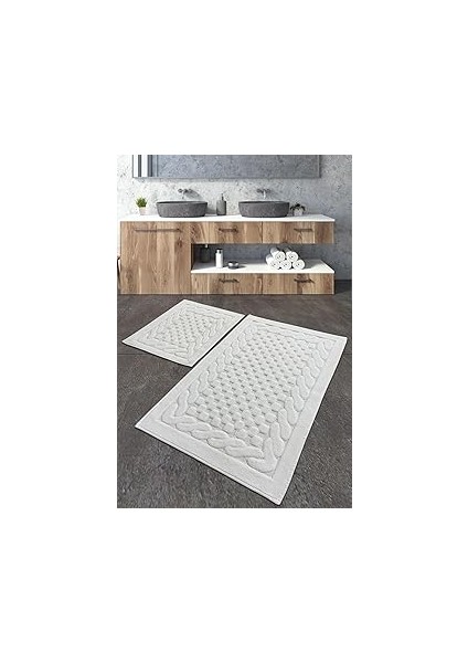 Chilai Cotton Ekru 2li Set Banyo Halısı Yıkanabilir, Kaymaz Taban