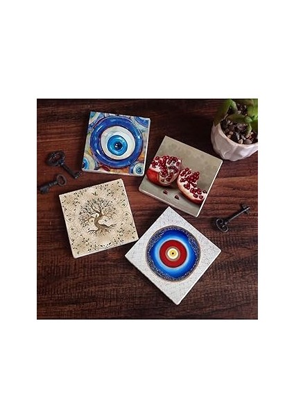 Pinecone Stone Nazar, Hayat Ağacı, Nar Taş Bardak Altlığı Seti - 4 Parça - Dekoratif, Rustik Mutfak