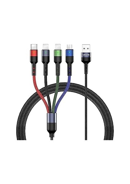 Usams US-SJ317 4ın1 2*lightning 1*type-C 1*micro Uçlu 1.2m 2A Örgülü Renkli Şarj ve Data Kablosu
