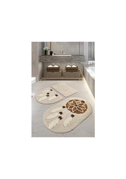 Chilai Rüya Kahve 3lü Set Banyo Halısı Yıkanabilir Kaymaz Taban