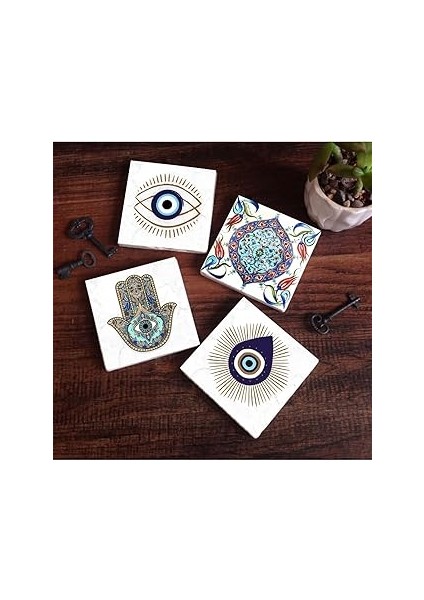 Pinecone Stone Nazar, Çini Sanatı, Fatma Ana Eli (Hamsa) Taş Bardak Altlığı Seti - 4 Parça - Dekora