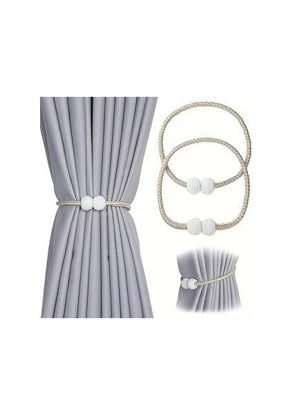 Bej Manyetik Perde Klipleri Iç Dekorasyon Inci Topları Tokası 2 Adet Perde Toplama Aparatı