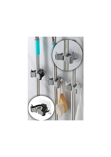 Noksi Paspas Süpürge Fırça ve Mop Askısı Sap Tutucu Mutfak ve Banyo Askısı (Üçlü) (3)(NKS130-3)