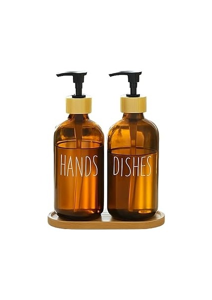 Cam Dispenser Seti – 2’li Amber Şişe (Hands & Dishes Etiketli), Bambu Kapaklı, Sıvı Sabun & Deterja
