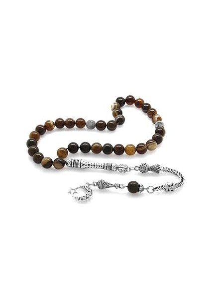 (Tesbihane) Kararmaz Metal Ayyıldız Püsküllü Küre Kesim Madagaskar Akik Doğaltaş Tesbih