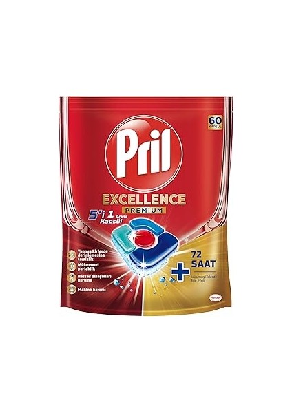 Pril Excellence 5'ı 1 Arada Bulaşık Makinesi Deterjanı, 60 Kapsül