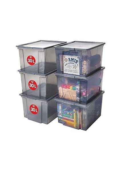 Iris Ohyama, 6er-Set, Aufbewahrungsboxen, 30 L, Mit Deckel, Stapelbar, Garage, Schlafzimmer, Wohnzi