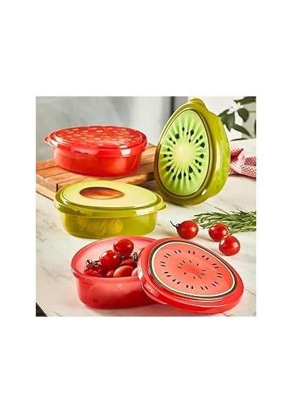 4 Lü Avokado Çilek Kivi Karpuz Meyve Desenli Saklama Kabı Seti Yeşil-Kırmızı