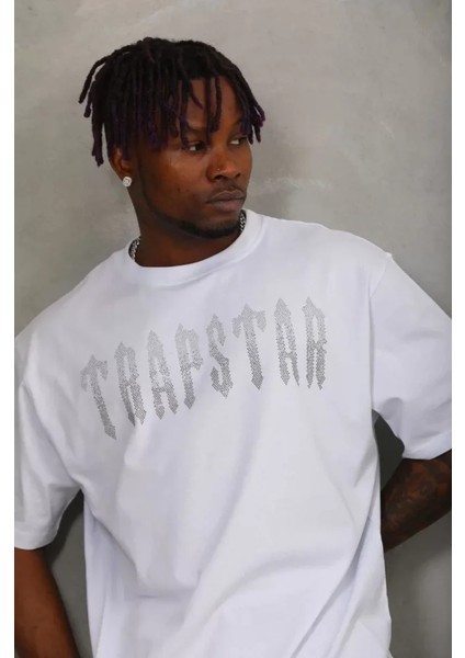 Unisex Oversize Taşlı Bisiklet Yaka T-Shirt - Beyaz fiyatları