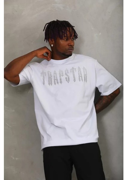 Unisex Oversize Taşlı Bisiklet Yaka T-Shirt - Beyaz fırsatları