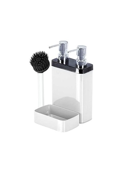 2’li Sıvı Sabun ve Bulaşık Deterjanı Dispenser Seti – Krom Kapaklı, Fırça ve Sünger Hazneli Şık Mut