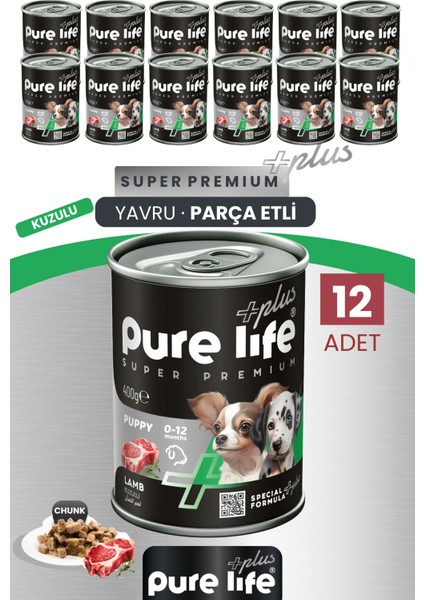 Plus 12'li Kuzulu Yavru Puppy Köpek Konserve Chunk Parça Etli Yaş Mama 400 gr