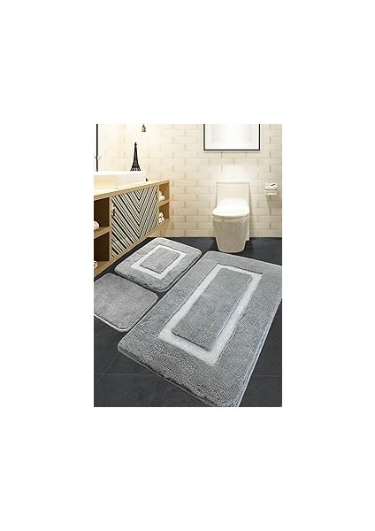 Chilai Quadrato Frame Grey 3'lü Set Banyo Halısı Akrilik, 60 x 100