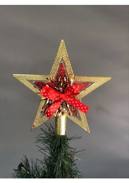 Yılbaşı Ağacı Yıldızı Gold Kırmızı Kurdelalı Merry Christmas Yazılı Yılbaşı Süsü