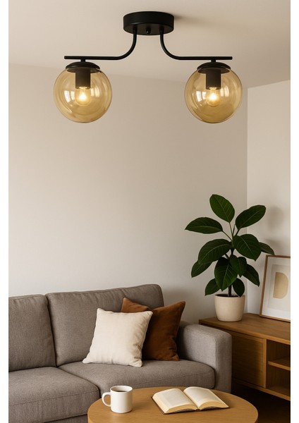 Zaha Modern Tasarım Minimal Yatak Odası Salon Mutfak Siyah Renk Bal Camlı 2 Li Avize