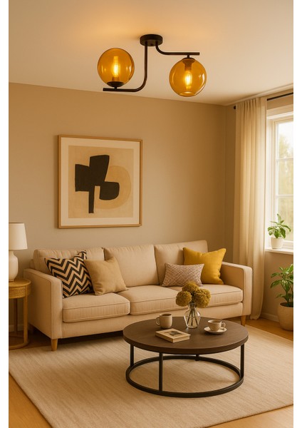 Lora Modern Tasarım Minimal Yatak Odası Salon Mutfak Siyah Renk Bal Camlı 2 Li Avize