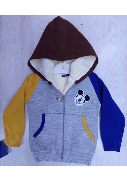 435636 Nakış Astarlı Hırka 6/18 Ay Erkek - Füme - 12 Ay