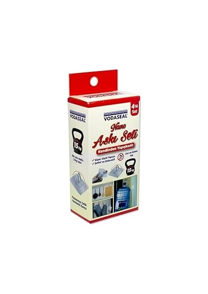 Vodaseal Nano Askı Seti, Kendinden Yapışkanlı, Süper Güçlü Yapıştırıcı, 15 kg Ağırlık Kapasiteli, 4