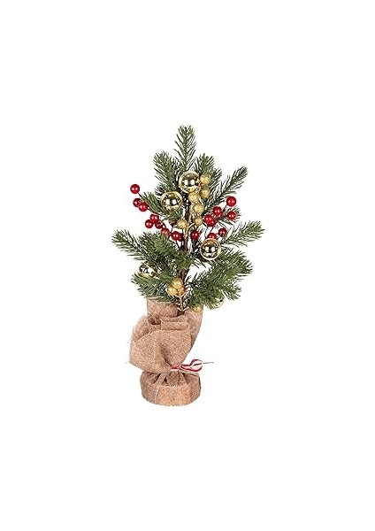 Herdekora Yılbaşı Süsü Masa Çamı Yılbaşı Çıngıraklı Berryli Kırmızı-Gold 14X38 Cm.