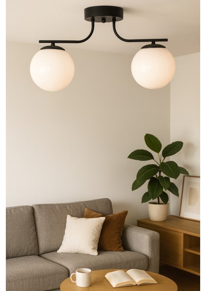 Zaha Modern Tasarım Minimal Yatak Odası Salon Mutfak Siyah Renk Bal Camlı 2 Li Avize