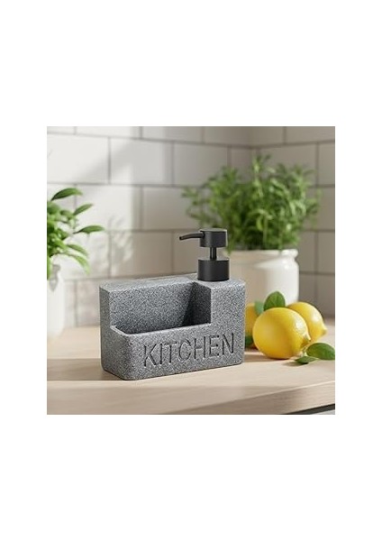 Mermer Desenli Polyresin Sıvı Sabunluk | Entegre Sünger Bölmeli | Modern, Şık ve Dayanıklı Mutfak O