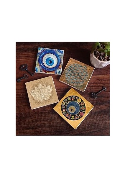 Pinecone Stone Nazar, Yaşam Çiçeği, Lotus Çiçeği Taş Bardak Altlığı Seti - 4 Parça - Dekoratif, Rus