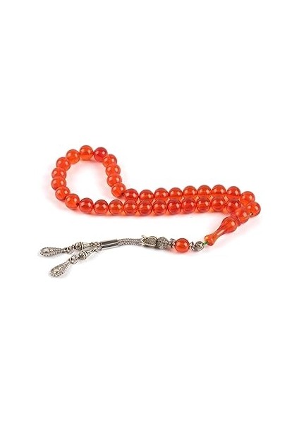 Sıkma Serisi Kırmızı Kehribar Tesbih Metal Püsküllü Tesbih Kapsül Kesim