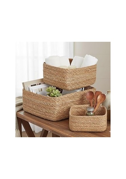Deconox 3'lü Rustik El Yapımı Doğal Kare Hasır Düzenleyici Seti | 3'lü Hasır Kare Organizer Seti –