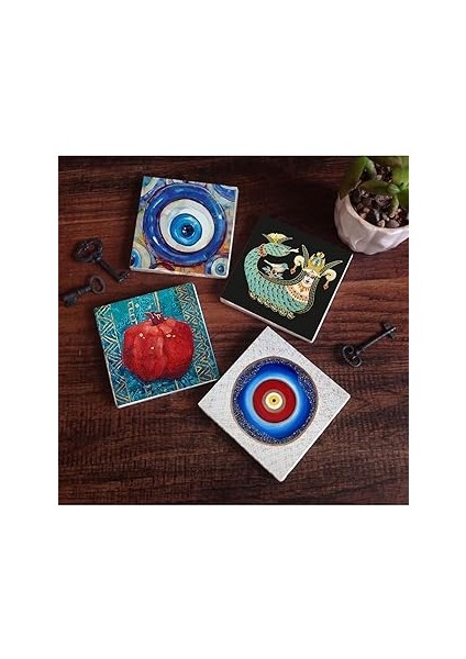 Pinecone Stone Nazar, Şahmeran, Nar Taş Bardak Altlığı Seti - 4 Parça - Dekoratif, Rustik Mutfak Ak