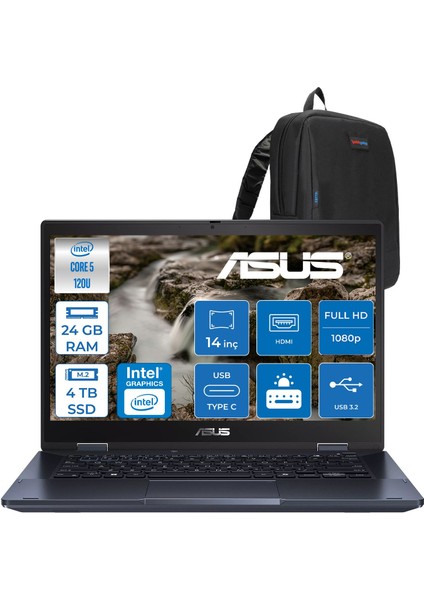 Expertbook B3 Flip Intel Core 5 120U 24GB 4tb SSD Intel Graphics 14'' Fhd Dokunmatik Windows 11 Pro Kalemli Katlanabilir Taşınabilir Bilgisayarr C58512B3DP08 + Zettaçanta