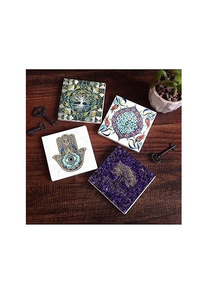 Pinecone Stone Hayat Ağacı, Çini Sanatı, Fatma Ana Eli (Hamsa) Taş Bardak Altlığı Seti - 4 Parça -