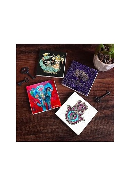 Pinecone Stone Hayat Ağacı, Fil, Fatma Ana Eli (Hamsa), Şahmeran Taş Bardak Altlığı Seti - 4 Parça