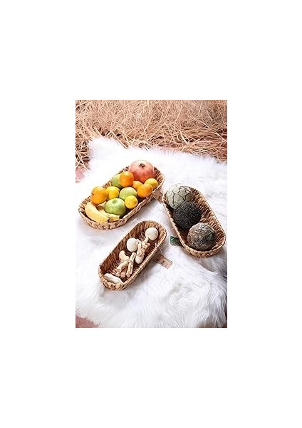 Deconox 3'lü El Yapımı Hasır Ekmek Sepeti ve Çok Amaçlı Sepet Seti, Dekoratif Uzun Dar Hasır Sepet