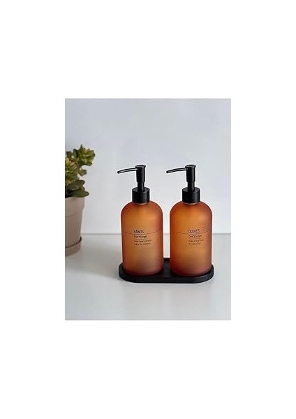 Turuncu 2'li Tezgah Üstü Standlı Sıvı Sabunluk Seti Siyah Standlı 1000 ml Sabunluk Seti