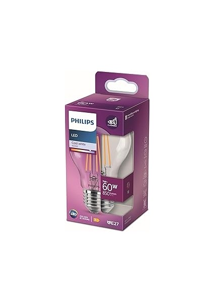 LED 60W A60 Filament Ampul, 4000K Gün Işığı, E27 Normal Duy, Dim Edilmez