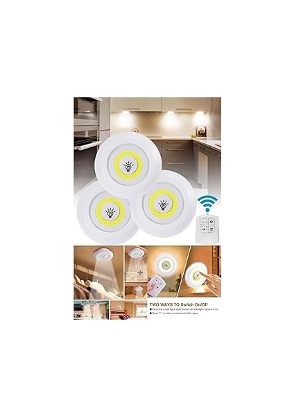 Mobee 3'lü Uzaktan Kumandalı Pilli Yapışkanlı Kablosuz LED Spot Lambalar