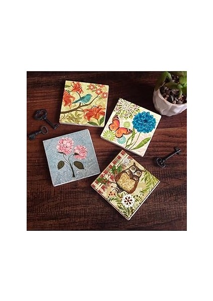 Pinecone Stone Kelebek, Serçe, Pembe Ortanca Çiçeği, Baykuş Taş Bardak Altlığı Seti - 4 Parça - Dek