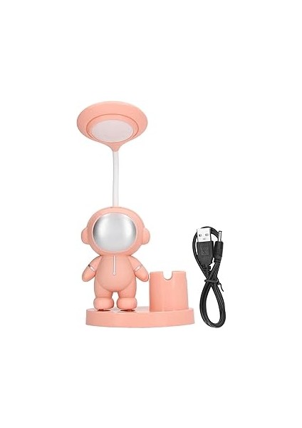 Astronot Tasarımlı LED Masa Lambası, Şarj Edilebilir, Kalemlik, Pembe