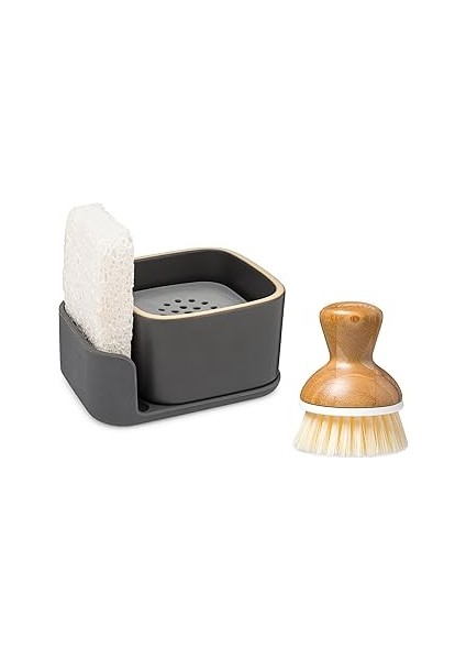 Full Circle Bubble Up Sünger ve Fırçalı Seramik Sabunluk, Gri
