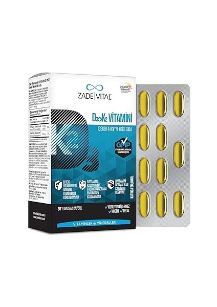 Zade Vital D3+K2 Vitamini Içeren Takviye Edici Gıda 30 Kapsül (1 x 30 Adet)