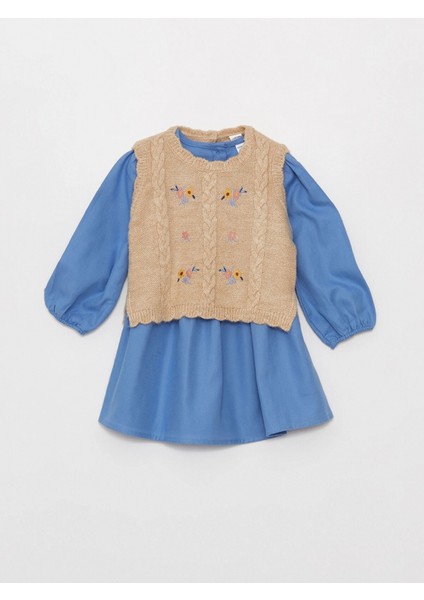 Lcw Baby Mavi Bisiklet Yaka Kız Bebek Elbise ve Süveter 2'li Takım
