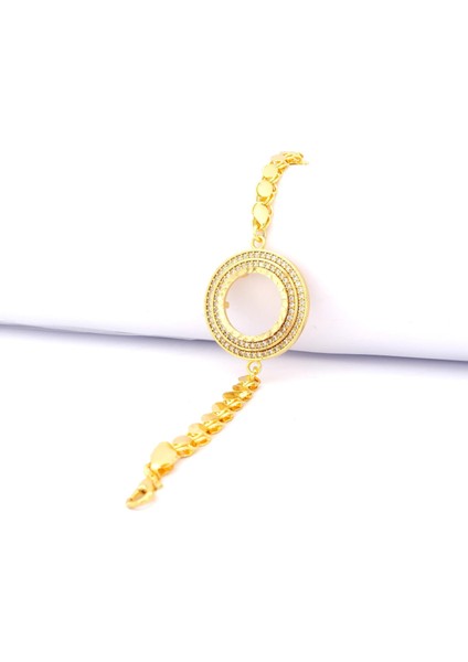 Çeyrekli Çerçeve Bileklik Altın Kaplama Arpa Zincir Taşlı Kelepçe BLK-1043