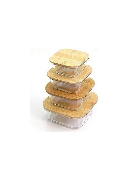 Orret Bambu Kapaklı Vakumlu Cam Saklama Kabı Seti – Yuvarlak, Kare ve Dikdörtgen Gıda Saklama