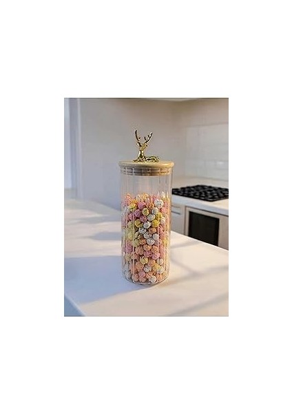 Yenigeldi (9X20 Cm) 1 Adet Geyikli Cam Saklama Kavanozu Geyik Başı Altın Renk Hava Geçirmez Y-441,Ş