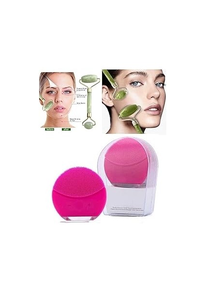 Mobee Şarj Edilebilir Fuşya Yüz Temizleme Cihazı + Jade Roller 2'li Yeşim Taşı Masaj Aleti