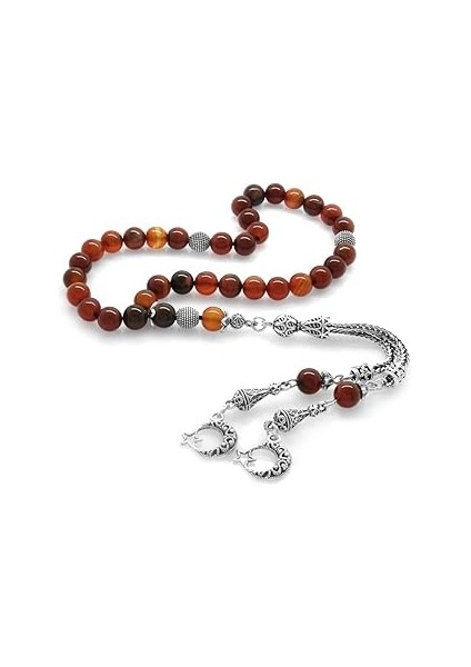 (Tesbihane) Kararmaz Metal Ayyıldız Püsküllü Küre Kesim Kırmızı-Siyah Akik Doğaltaş Tesbih