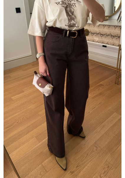 Yüksek Bel Kemer Detay Palazzo Jean- Kahverengi