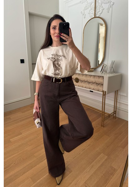 Yüksek Bel Kemer Detay Palazzo Jean- Kahverengi modelleri