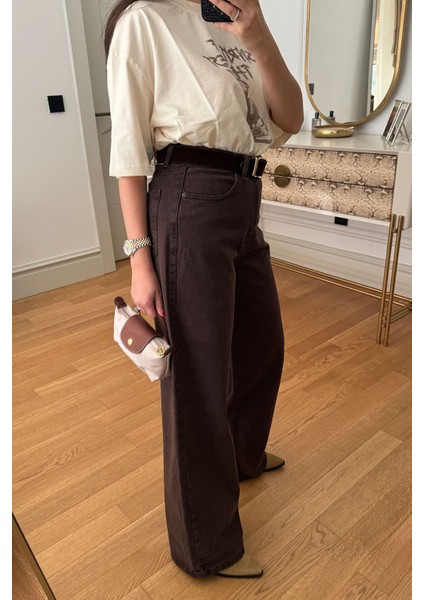 Yüksek Bel Kemer Detay Palazzo Jean- Kahverengi indirimleri