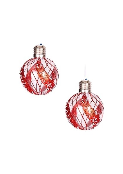 Herdekora Yılbaşı Topu Ampul LED Işıklı Simli Boncuk Desenli 2'li Paket Kırmızı 7 Cm.